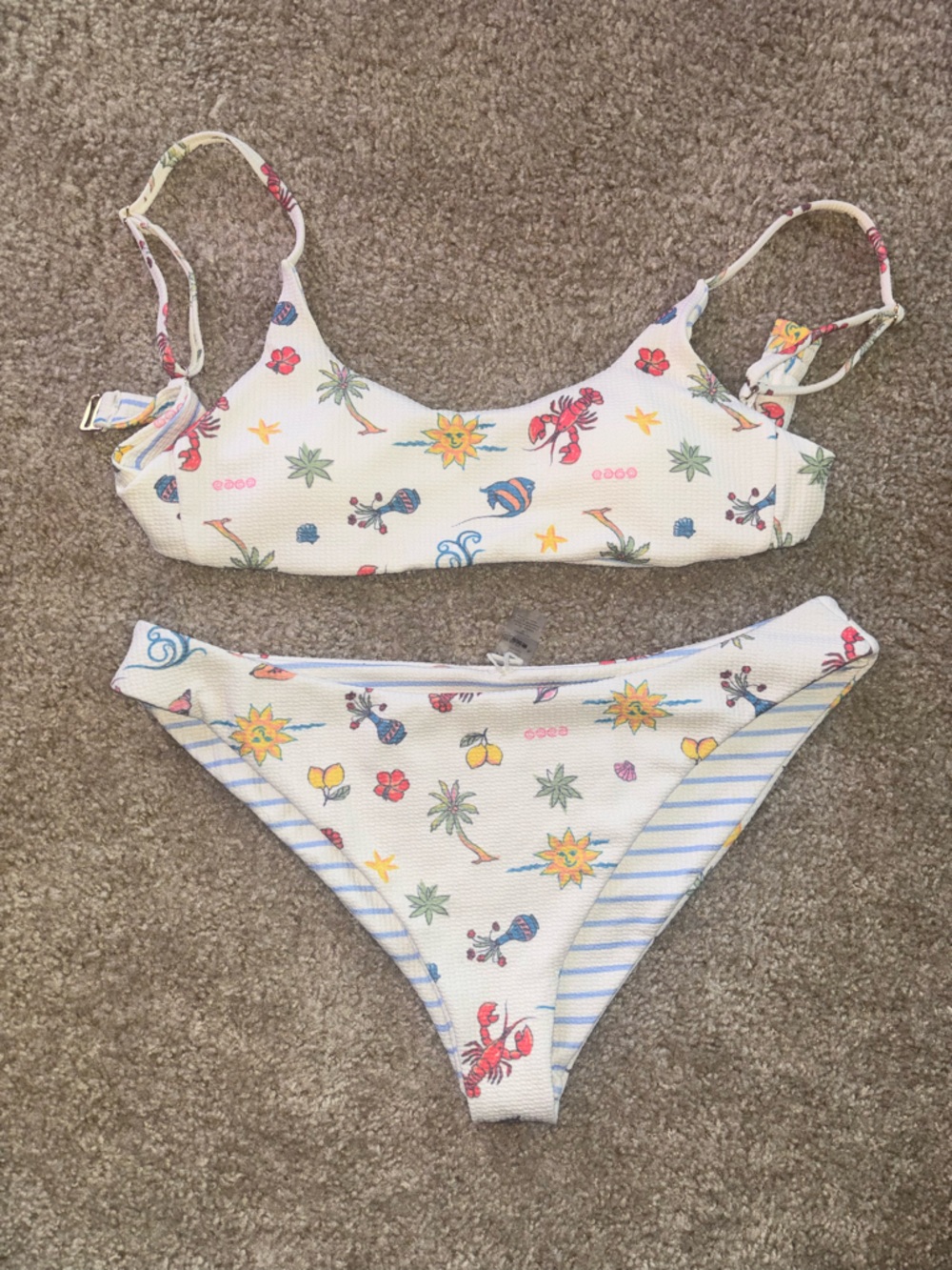 White Tropical Print Bikini Set - Colorful Sun & Palm Motif